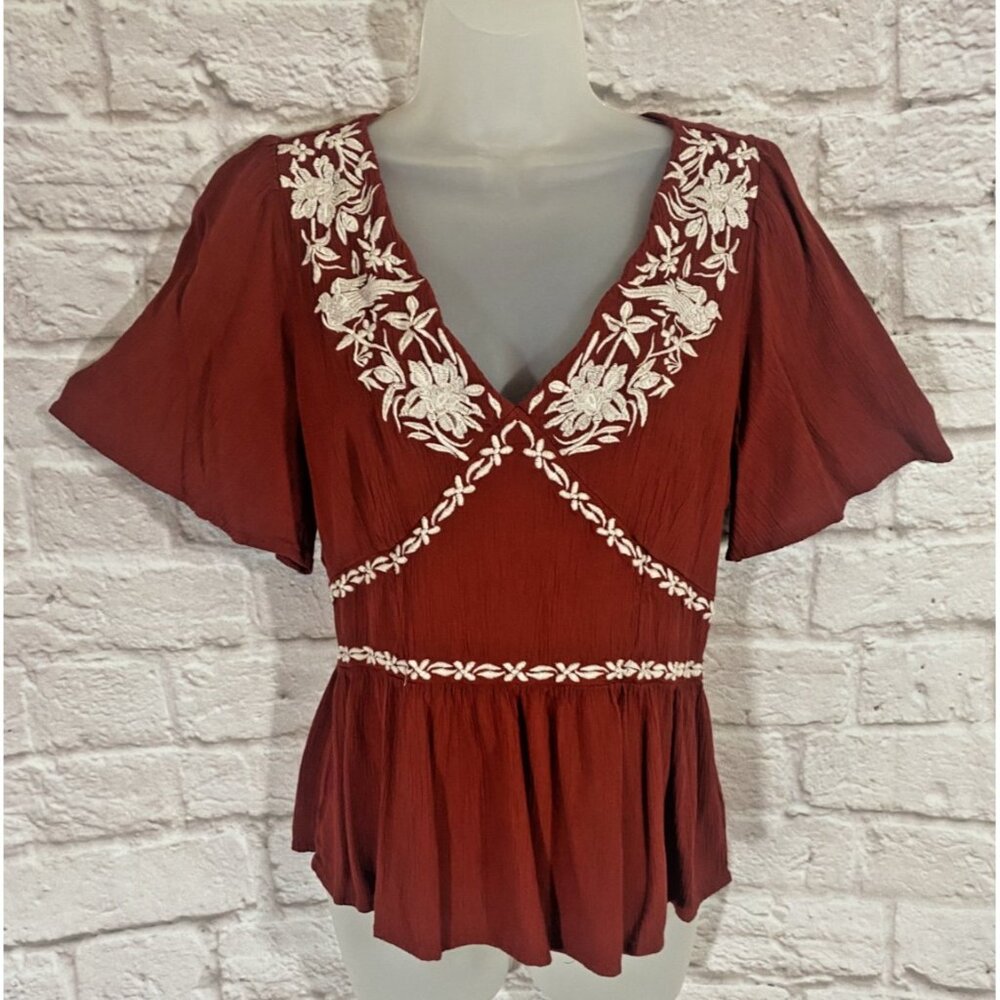 Peasant Embroidered Floral Smocked Bohemian Crinkle Babydoll Top Large Knox Rose